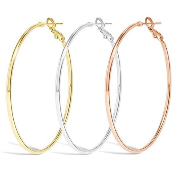 Big Gold Silver Rose Gold Hoop Earrings Set for Women 70mm Lightweight - Picture 7 of 7